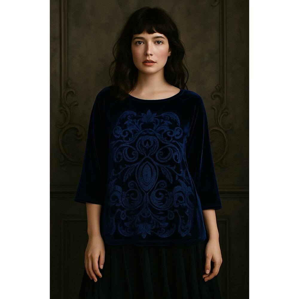 Chico's Women Whimsigoth Top Medium Velvet Burnout Sapphire Paisley Grunge Fairy